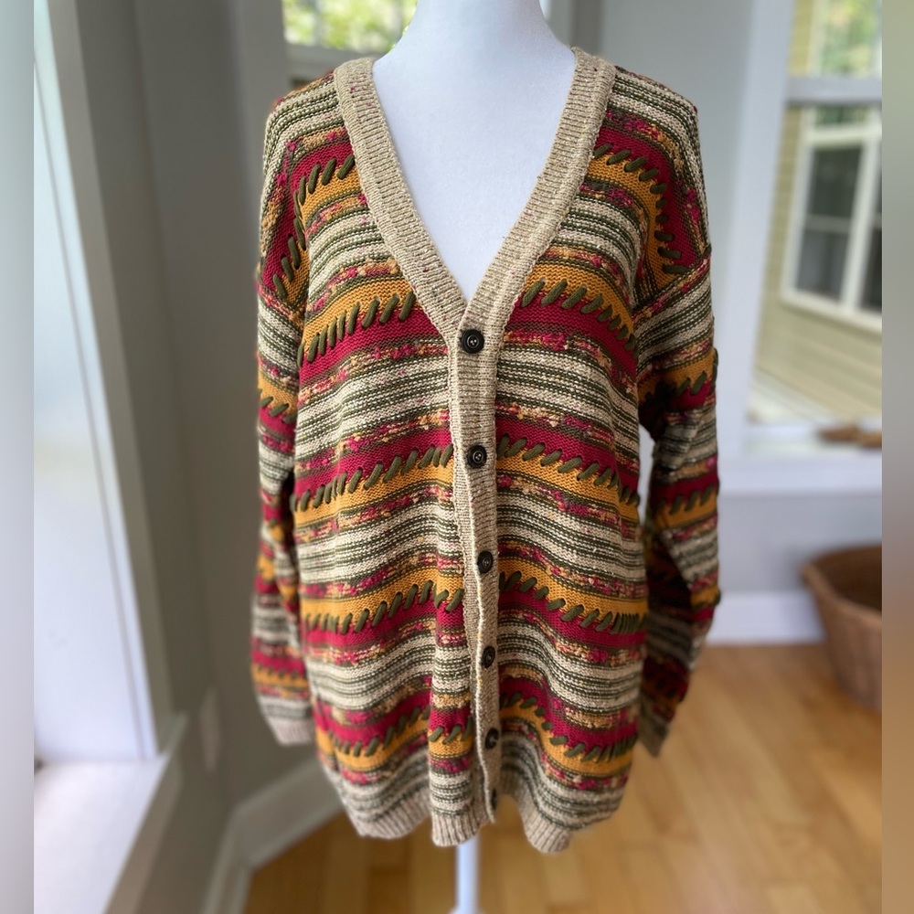 Vintage LizWear Red Tan Green Striped Oversized V Neck Cotton Cardigan Sz S